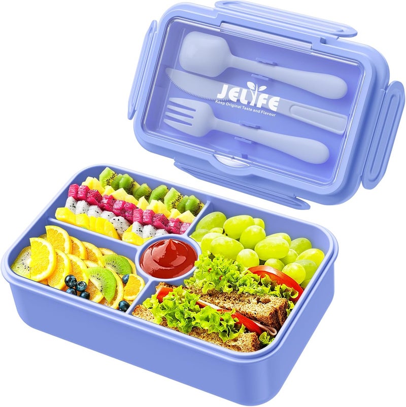 Jelife Bento Lunch Box for Kids - Large Bento-Style Leakproof Bento Boxes with 4 Compartments Lunchbox with Silverware for Kids Back to School, Reusable On-the-Go Meal and Snack Containers,Macaron - Image 1